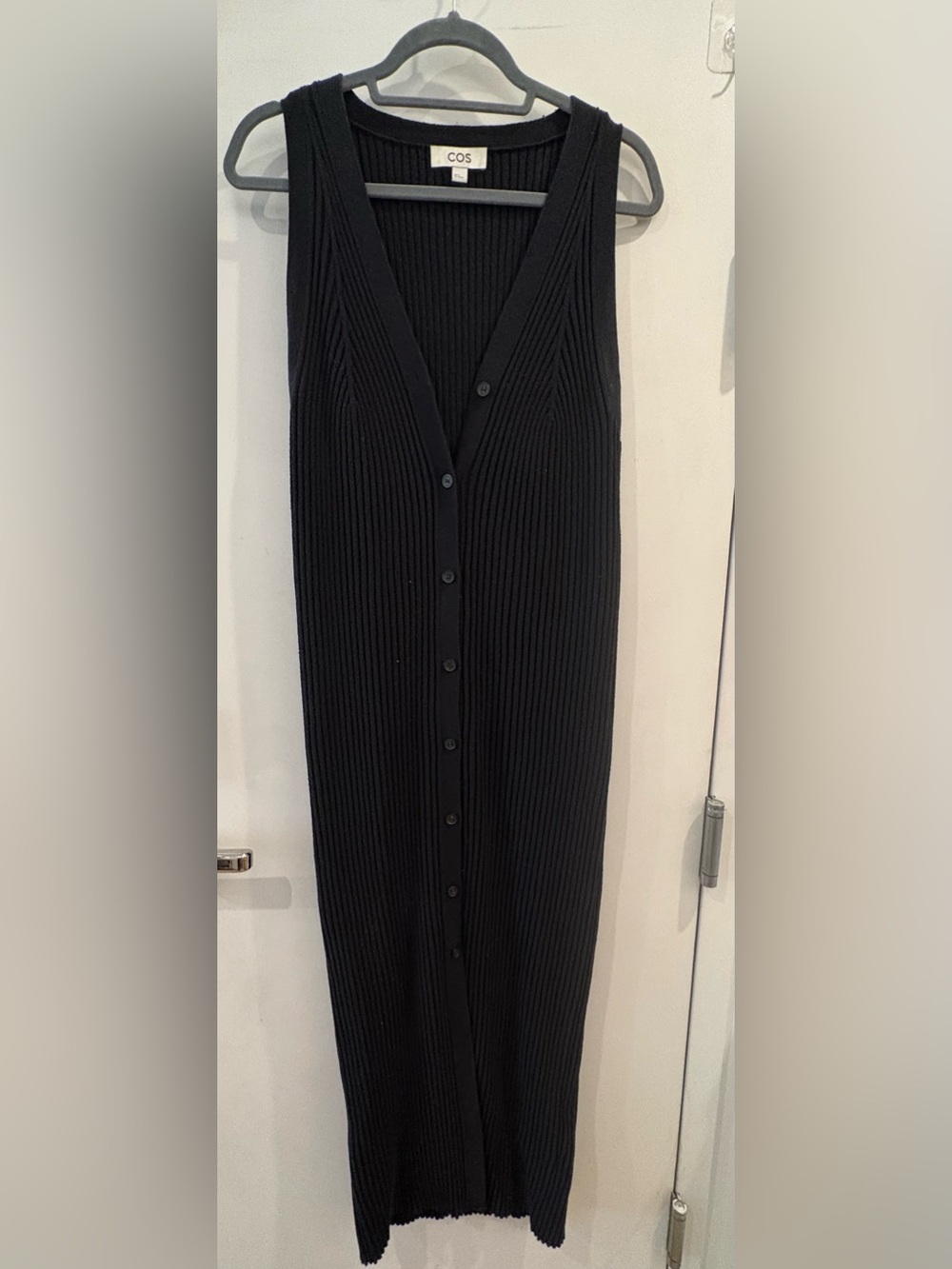 COS Black Ribbed Dress with Front Buttons
